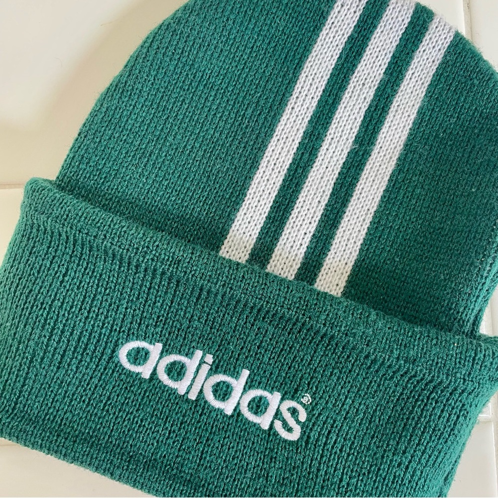 VTG ADIDAS 3 Stripes Green Cuffed Folded Adult Unisex One Size Beanie Hat Cap - Picture 5 of 5